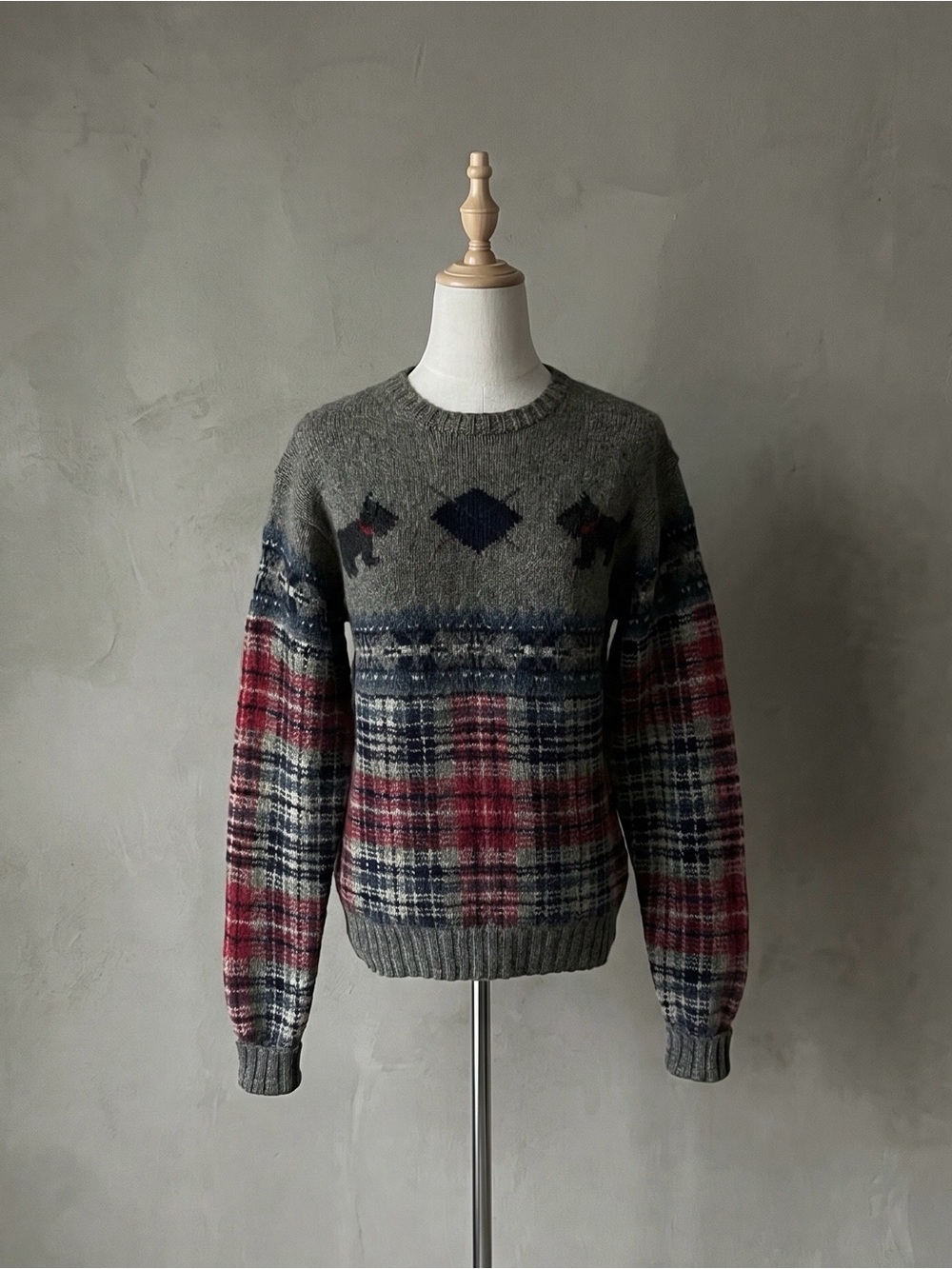 Ralph Lauren Blue Label c. 1980s Hand Knit Scottie Dog Sweater Pewter Plaid | M